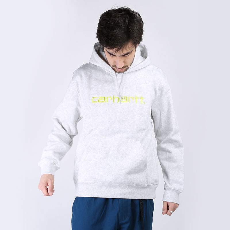 мужская серая толстовка Carhartt WIP Hooded Carhatt Sweat I027093-ashhth/lime - цена, описание, фото 1